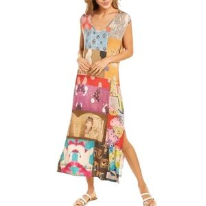 Johnny Was Tokyo High Slit Knit Dress Bamboo Patchwork Maxi Dress Womens Small